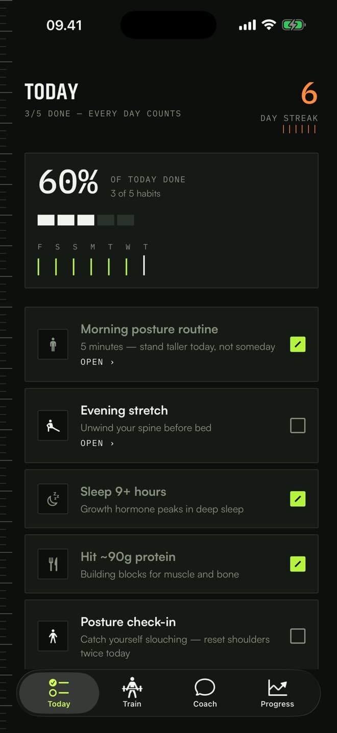Today screen with five habits and a six-day streak